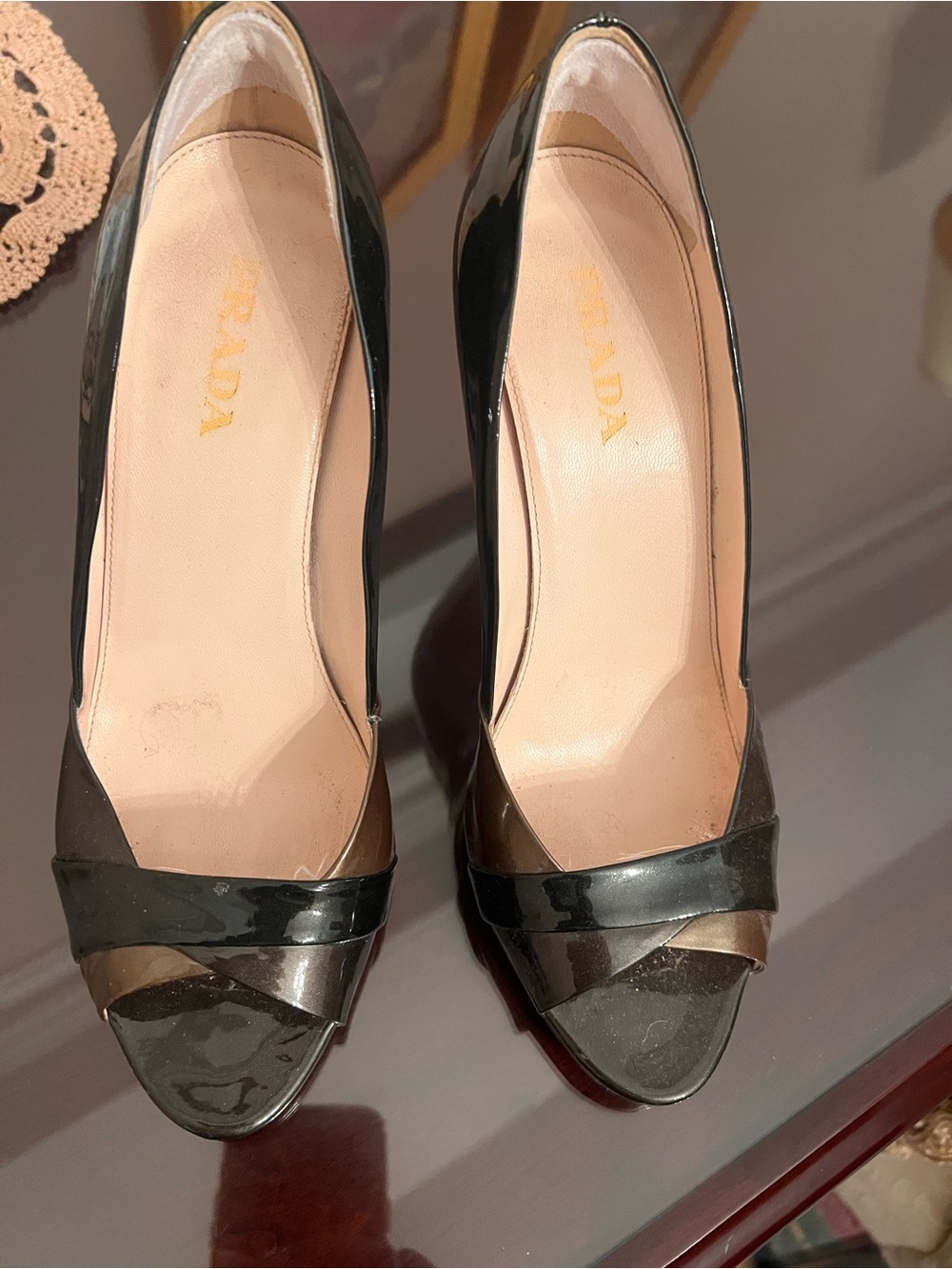 Prada Black Patent Leather Peep-Toe Pumps